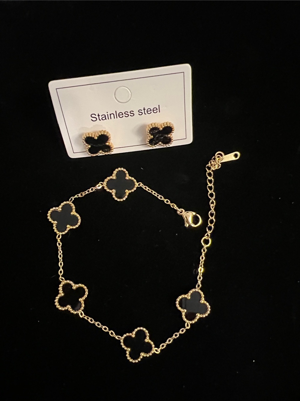 Gold & Black Clover Motif Bracelet and Stud Earrings Set